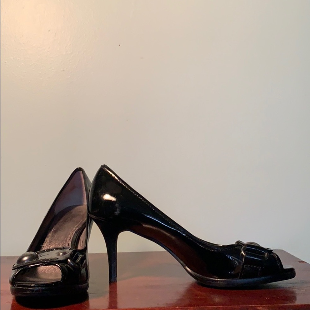 Coach black patten leather peep toe pumps